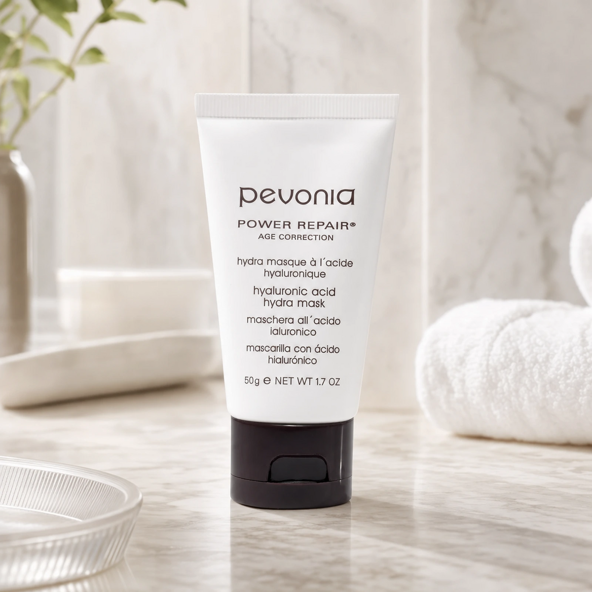 Pevonia Hyaluronic Acid Hydra Mask 50g on a luxury bathroom vanity for dry, dehydrated and dull skin