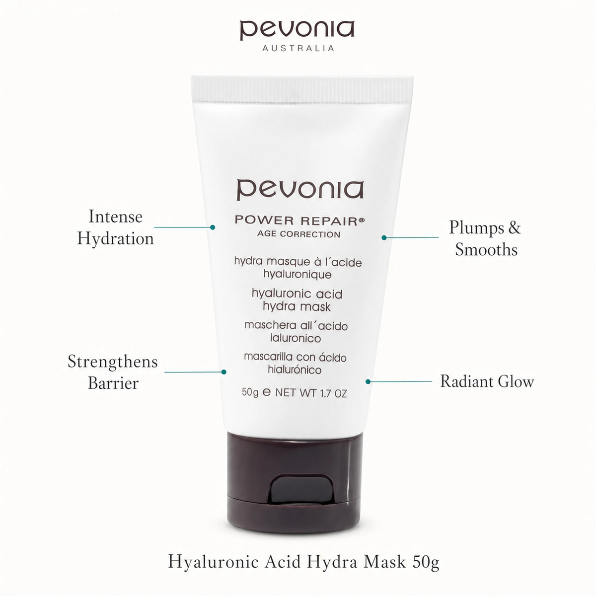 Pevonia Hyaluronic Acid Hydra Mask 50g with benefits for intense hydration, plumping, barrier support and radiance