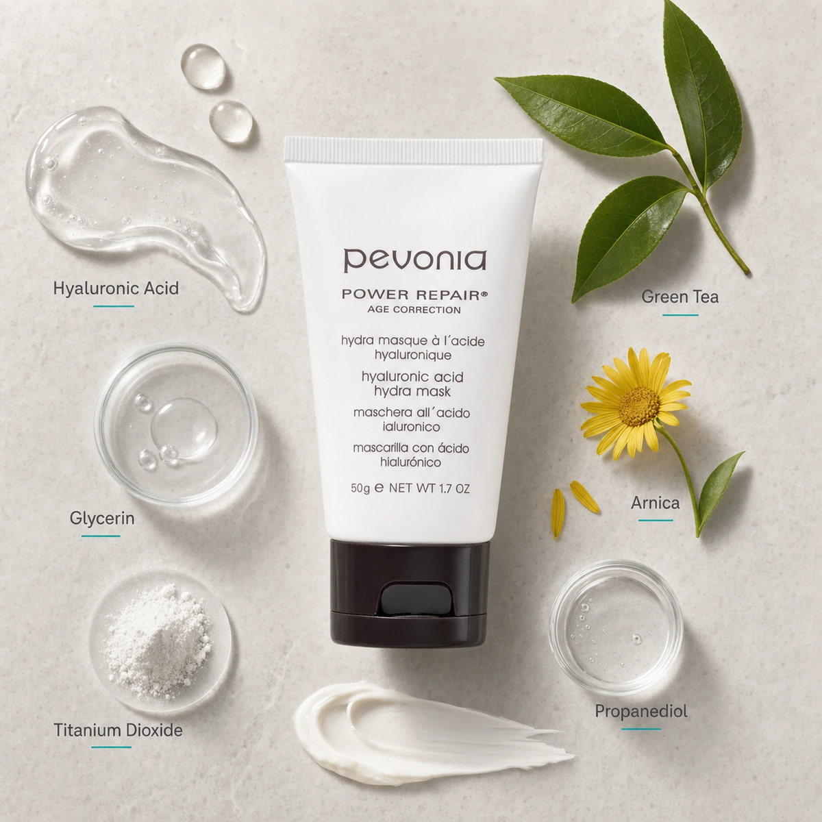 Pevonia Hyaluronic Acid Hydra Mask 50g ingredient flatlay with Hyaluronic Acid, Green Tea, Arnica, Glycerin, Propanediol and Titanium Dioxide