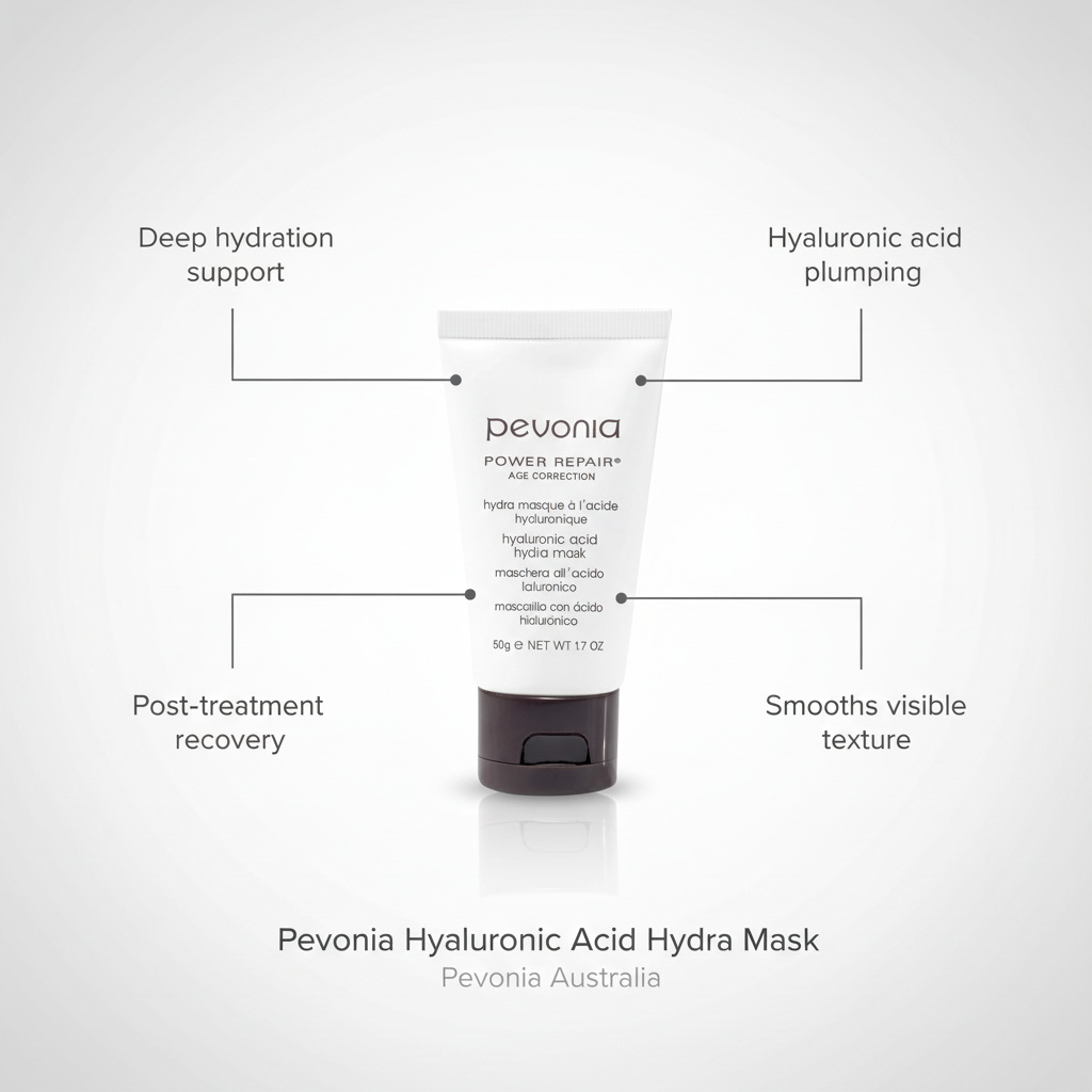 Pevonia Power Repair Hyaluronic Acid Hydra Mask 50g with features connector to use and ingredients on a white background