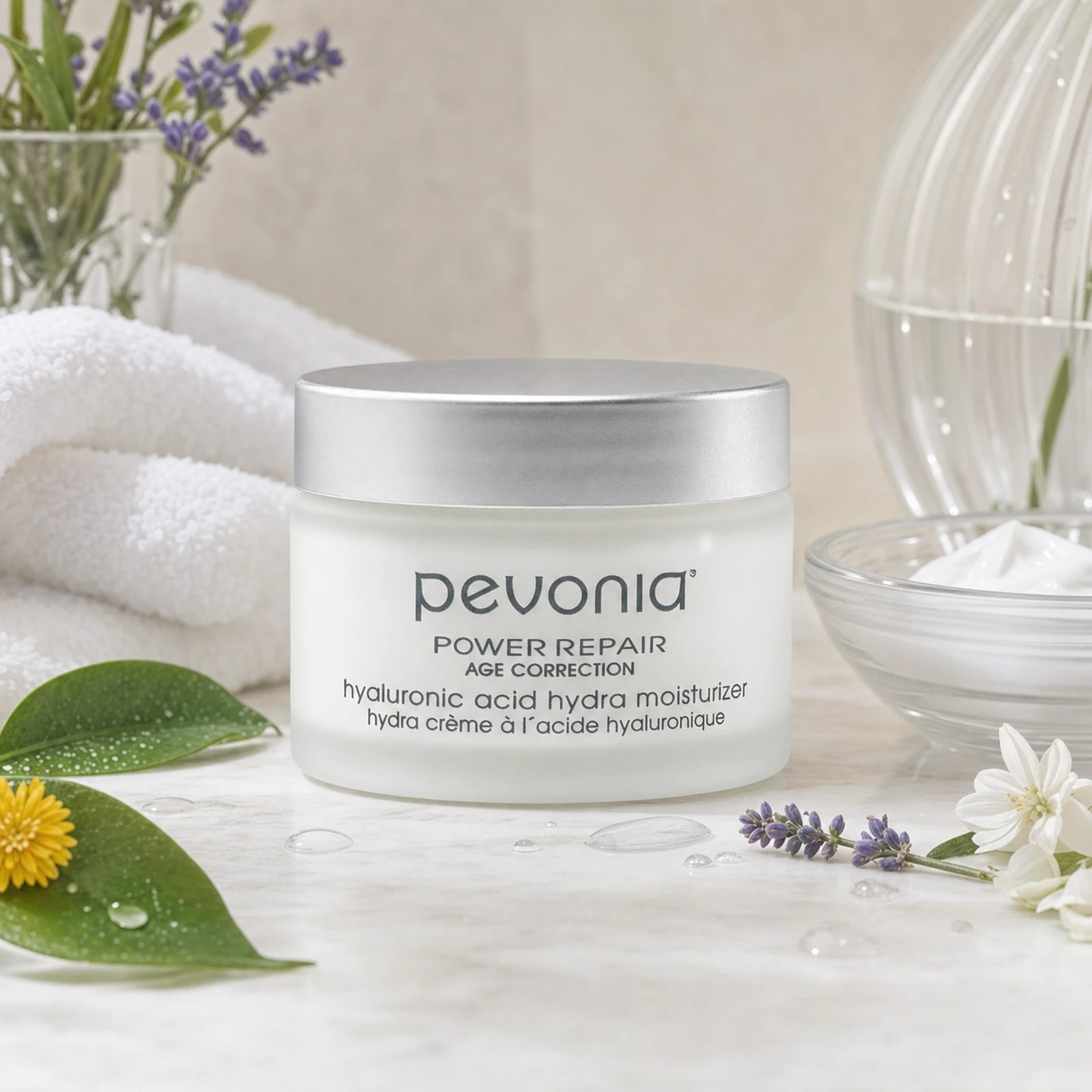 Pevonia Hyaluronic Acid Hydra Moisturizer 50g on a luxury bathroom vanity for dry, dehydrated and mature skin