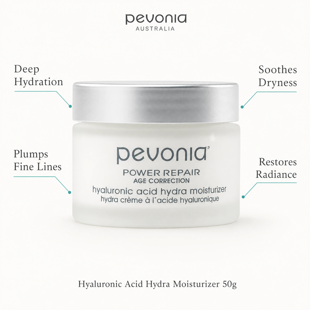 Pevonia Hyaluronic Acid Hydra Moisturizer 50g with benefits for hydration, plumpness, dry skin comfort and radiance
