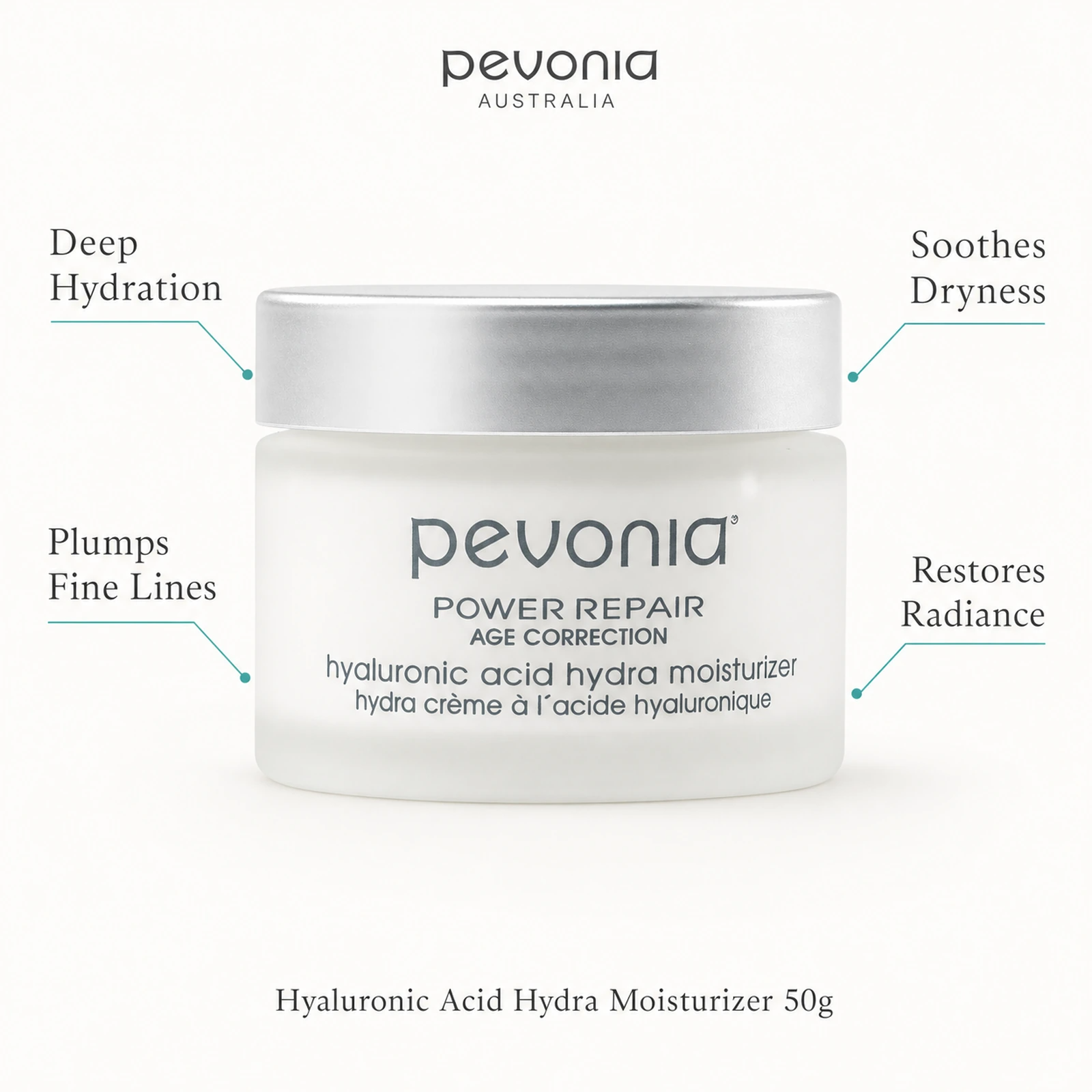 Pevonia Hyaluronic Acid Hydra Moisturizer 50g with benefits for hydration, plumpness, dry skin comfort and radiance