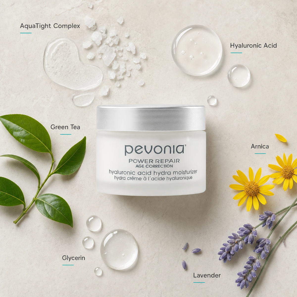Pevonia Hyaluronic Acid Hydra Moisturizer 50g ingredient flatlay with AquaTight Complex, Hyaluronic Acid, Green Tea, Arnica, Glycerin and Lavender