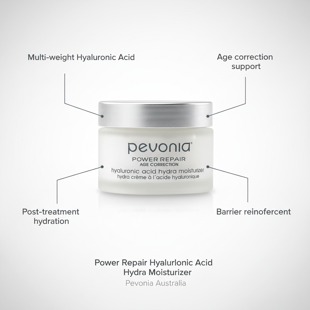 Pevonia Power Repair Hyaluronic Acid Hydra Moisturizer infographic highlighting multi-weight hyaluronic acid, post-treatment hydration, barrier reinforcement, and age correction support with product centered on soft neutral background