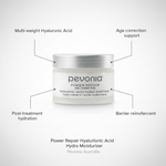 Pevonia Power Repair Hyaluronic Acid Hydra Moisturizer infographic highlighting multi-weight hyaluronic acid, post-treatment hydration, barrier reinforcement, and age correction support with product centered on soft neutral background