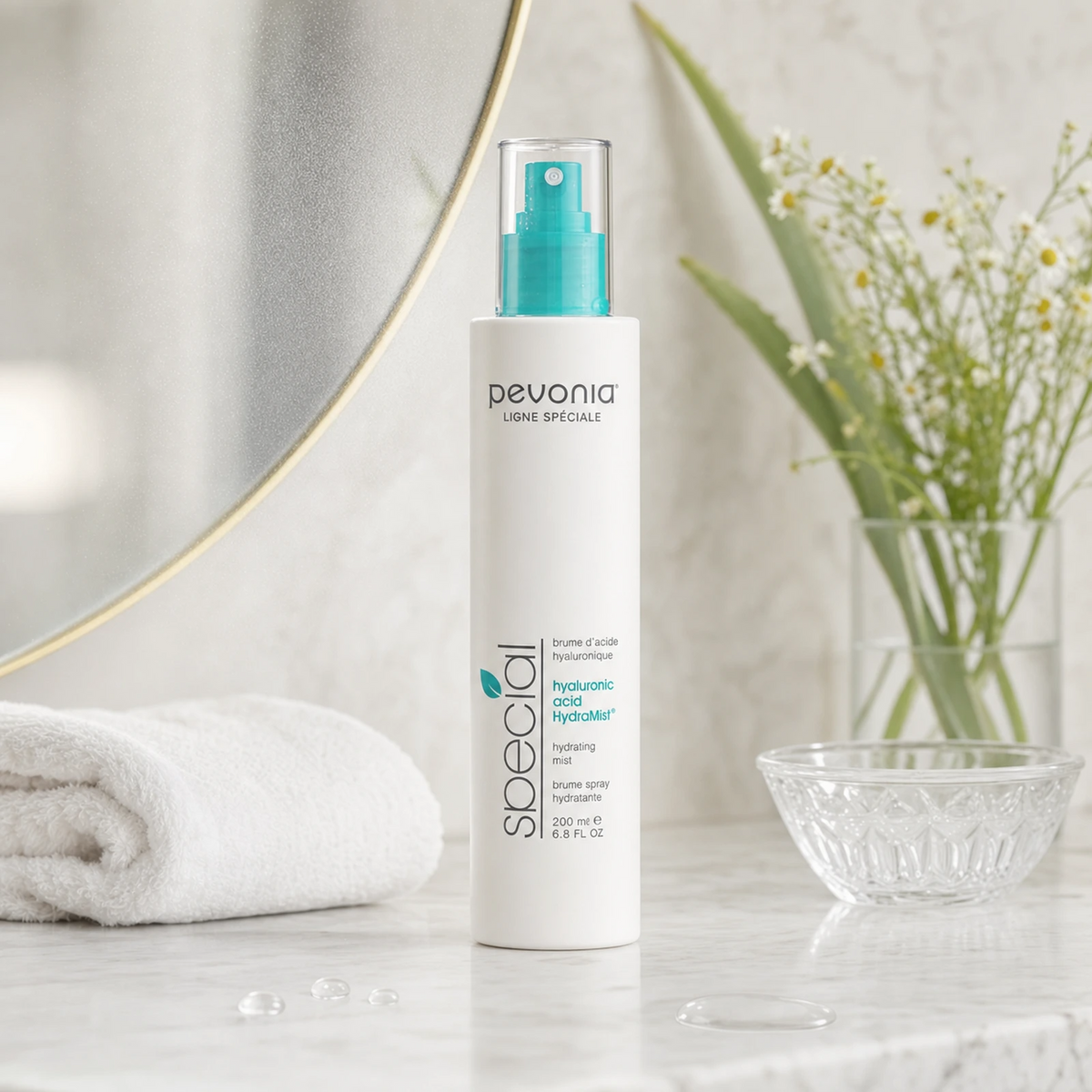 Pevonia Hyaluronic Acid HydraMist 200ml on a luxury bathroom vanity for dry, dehydrated and tired skin
