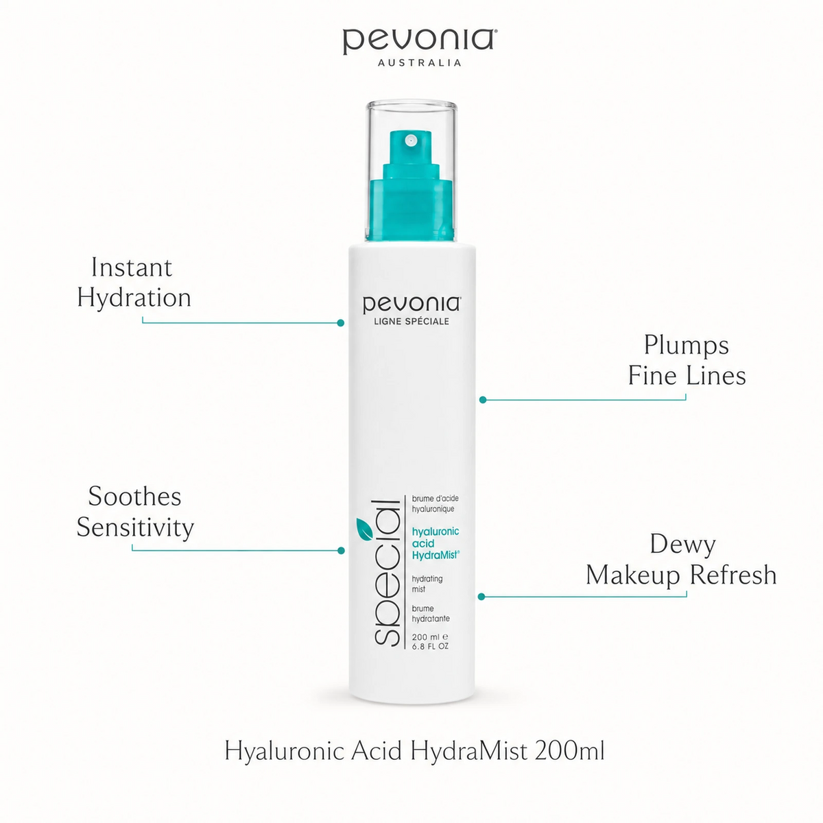 Pevonia Hyaluronic Acid HydraMist 200ml with benefits for hydration, fine lines, sensitivity and dewy makeup refresh