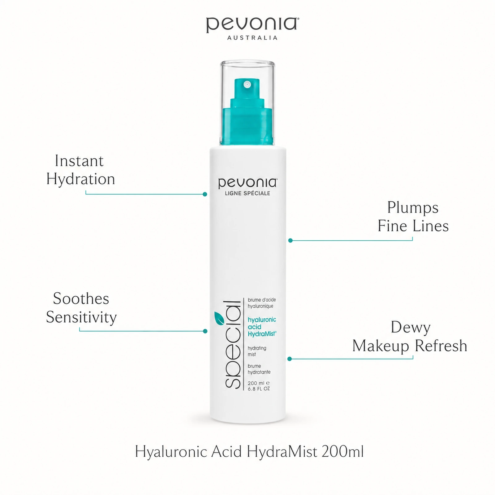 Pevonia Hyaluronic Acid HydraMist 200ml with benefits for hydration, fine lines, sensitivity and dewy makeup refresh