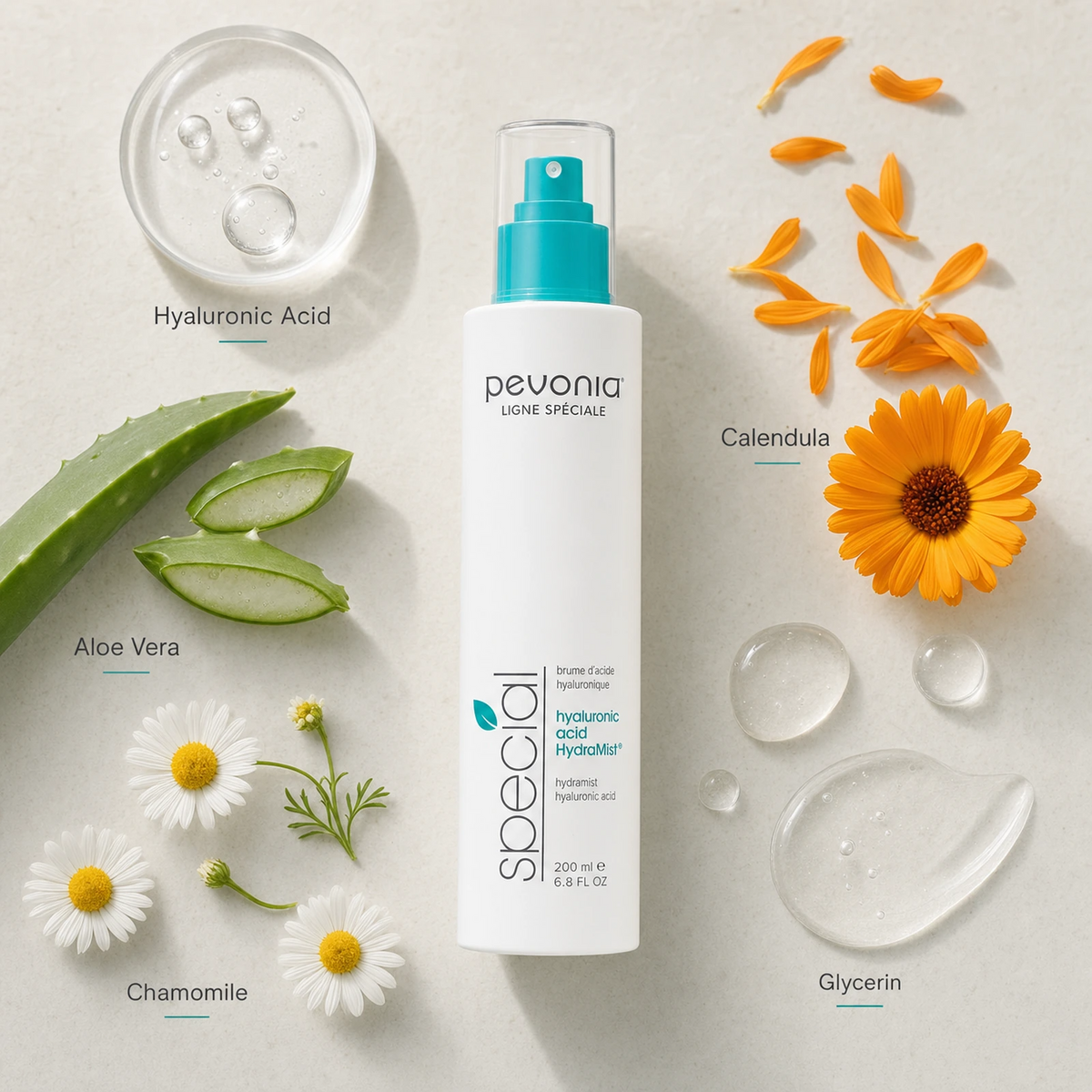 Pevonia Hyaluronic Acid HydraMist 200ml ingredient flatlay with Hyaluronic Acid, Aloe Vera, Chamomile, Calendula and Glycerin