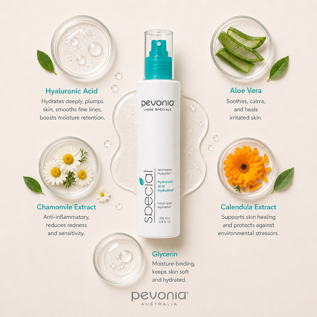 Pevonia Hyaluronic Acid HydraMist ingredient flatlay showing hyaluronic acid, aloe vera, chamomile, calendula, and glycerin around mist spray bottle on neutral background