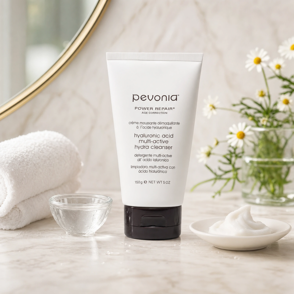 Pevonia Hyaluronic Acid Multi-Active Hydra Cleanser 150g on a luxury bathroom vanity for dry, dehydrated and sensitive skin