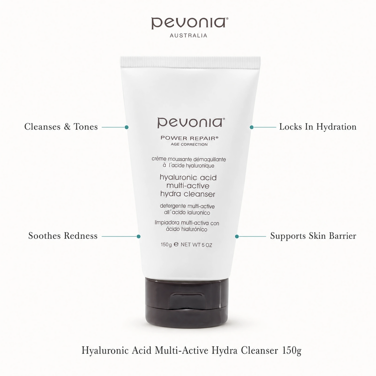 Pevonia Hyaluronic Acid Multi-Active Hydra Cleanser 150g with benefits for cleansing, hydration, redness and skin barrier support