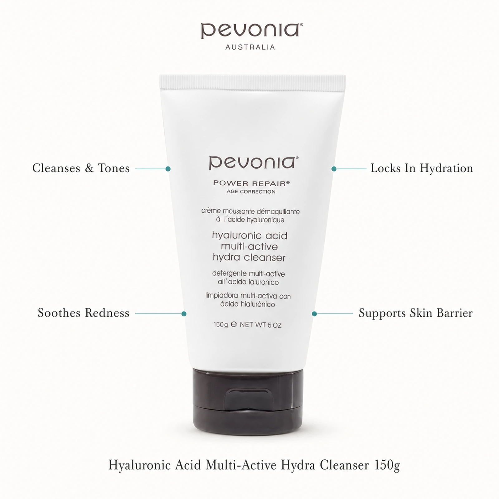 Pevonia Hyaluronic Acid Multi-Active Hydra Cleanser 150g with benefits for cleansing, hydration, redness and skin barrier support