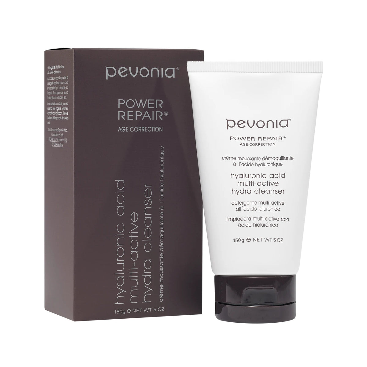 Pevonia Power Repair hyaluronic acid multi-active Hydra Cleanser tube and boxed with packaging on a white background