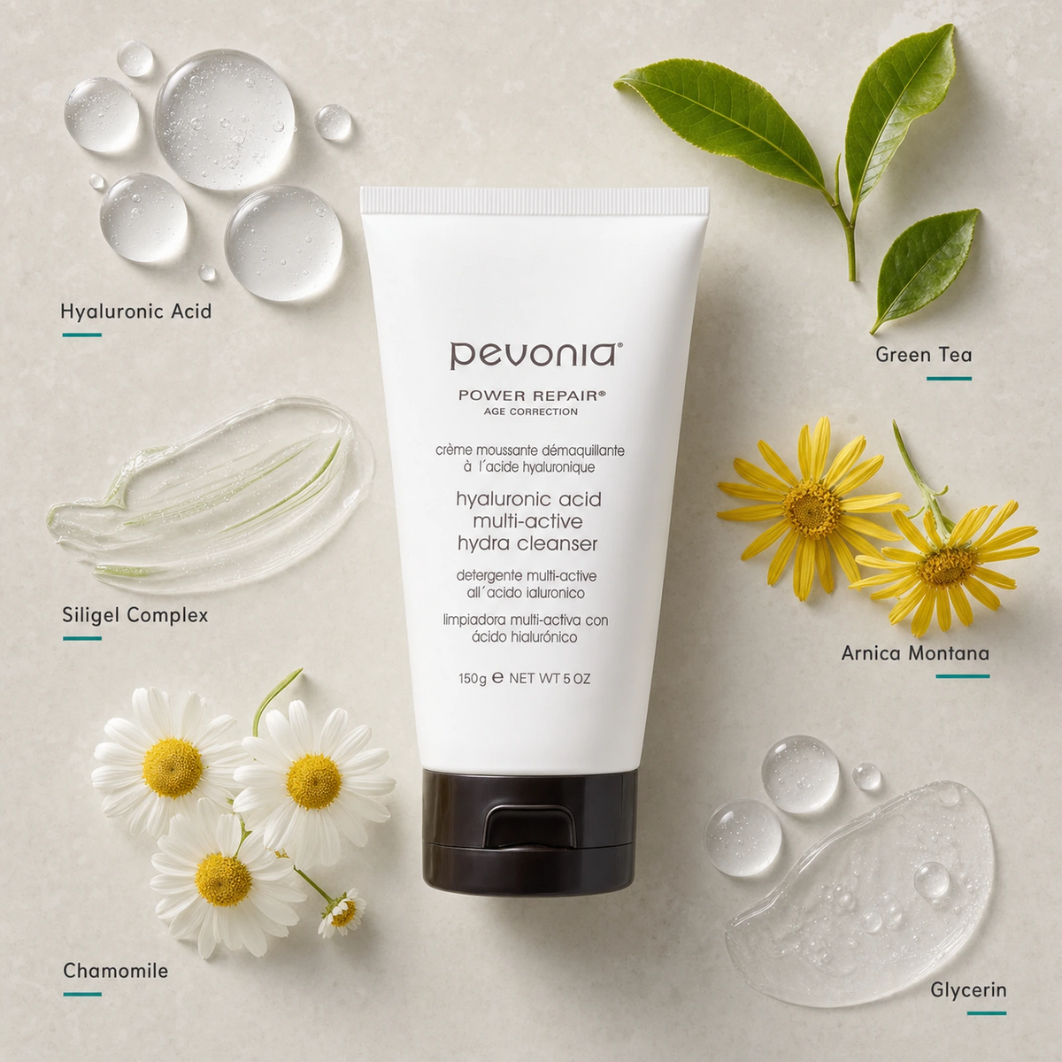 Pevonia Hyaluronic Acid Multi-Active Hydra Cleanser 150g ingredient flatlay with Hyaluronic Acid, Siligel Complex, Green Tea, Arnica, Chamomile and Glycerin