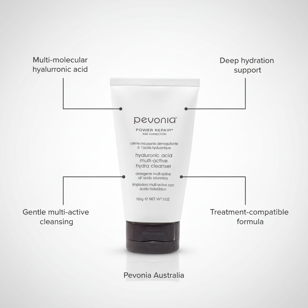 Pevonia Hyaluronic Acid Multi-Active Hydra Cleanser with call out connector ingredients and use 150g