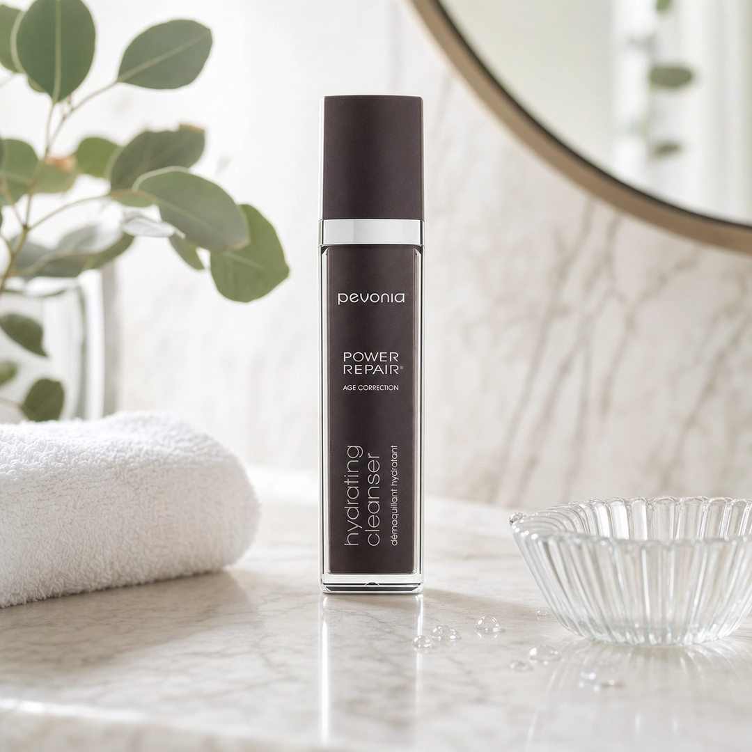 Pevonia Power Repair Hydrating Cleanser 120ml on a luxury bathroom vanity for dry, dehydrated and mature skin