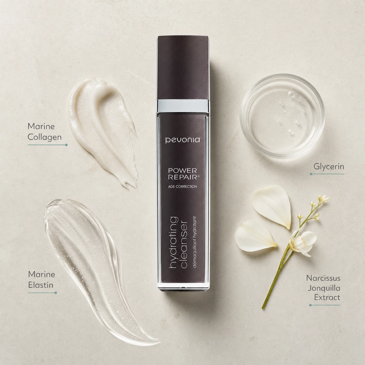 Pevonia Power Repair Hydrating Cleanser 120ml ingredient flatlay with Marine Collagen, Marine Elastin, Glycerin and Narcissus Jonquilla Extract
