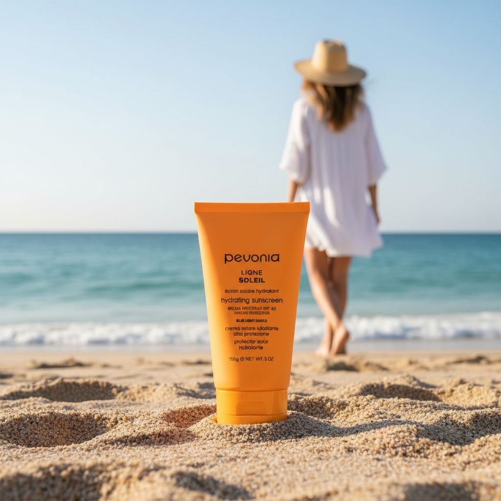 Pevonia Hydrating Sunscreen SPF 40 with Blue Light Shield 150g on a beach sitting in sand