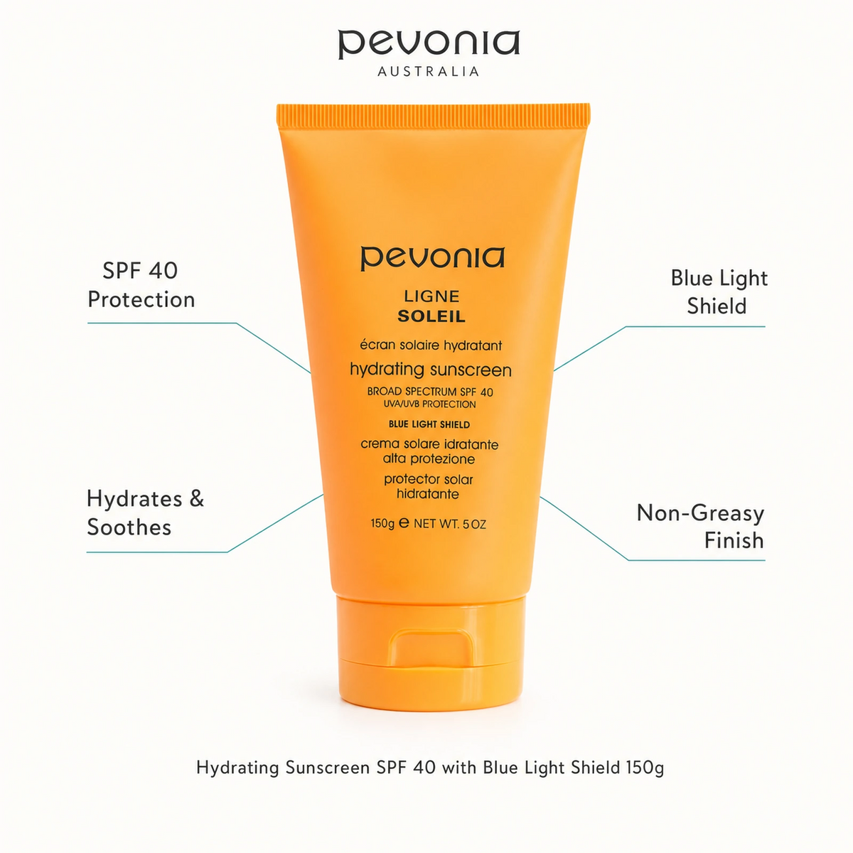 Pevonia Hydrating Sunscreen SPF 40 with Blue Light Shield 150g with benefits for SPF protection, blue light defence, hydration and a non-greasy finish