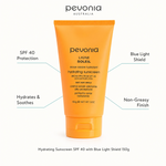 Pevonia Hydrating Sunscreen SPF 40 with Blue Light Shield 150g with benefits for SPF protection, blue light defence, hydration and a non-greasy finish