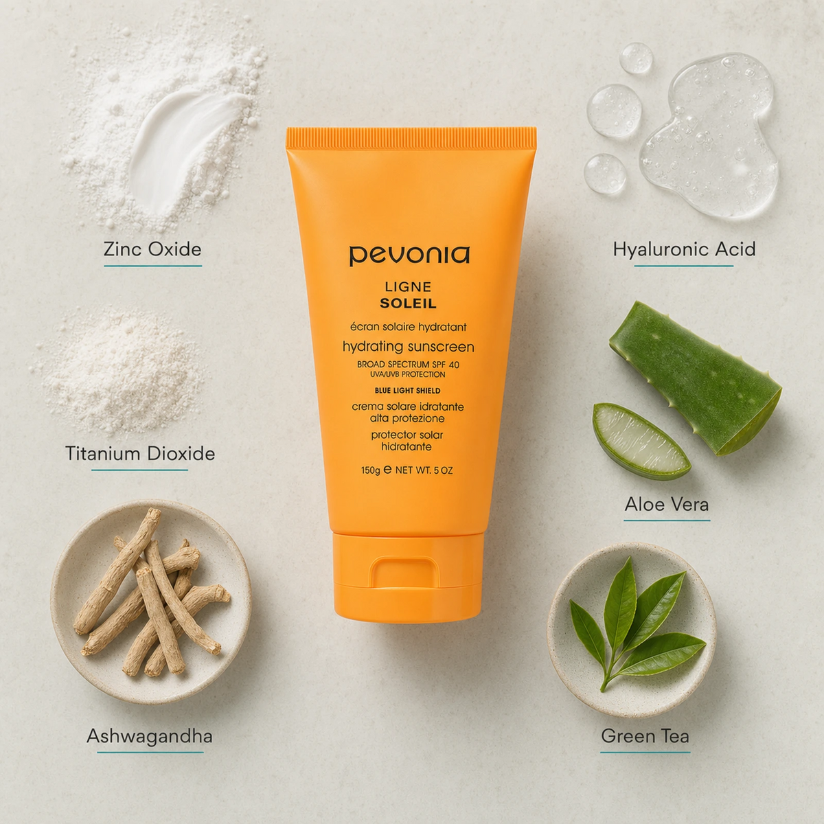 Pevonia Hydrating Sunscreen SPF 40 with Blue Light Shield 150g ingredient flatlay with Zinc Oxide, Titanium Dioxide, Ashwagandha, Hyaluronic Acid, Aloe Vera and Green Tea