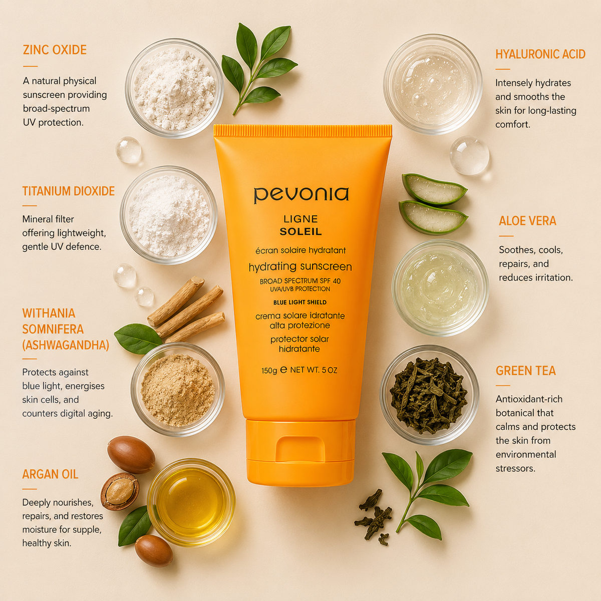Pevonia Hydrating Sunscreen SPF 40 with Blue Light Shield ingredient flatlay featuring zinc oxide, titanium dioxide, ashwagandha, argan oil, hyaluronic acid, aloe vera and green tea arranged around the sunscreen tube on a soft neutral background