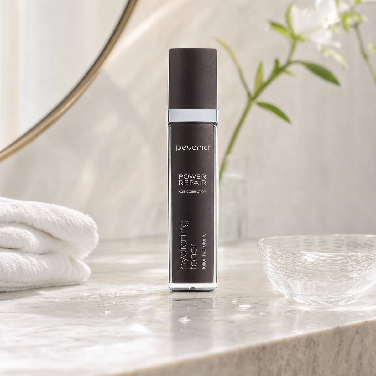 Pevonia Power Repair Hydrating Toner 120ml on a luxury bathroom vanity for dry, dehydrated and mature skin