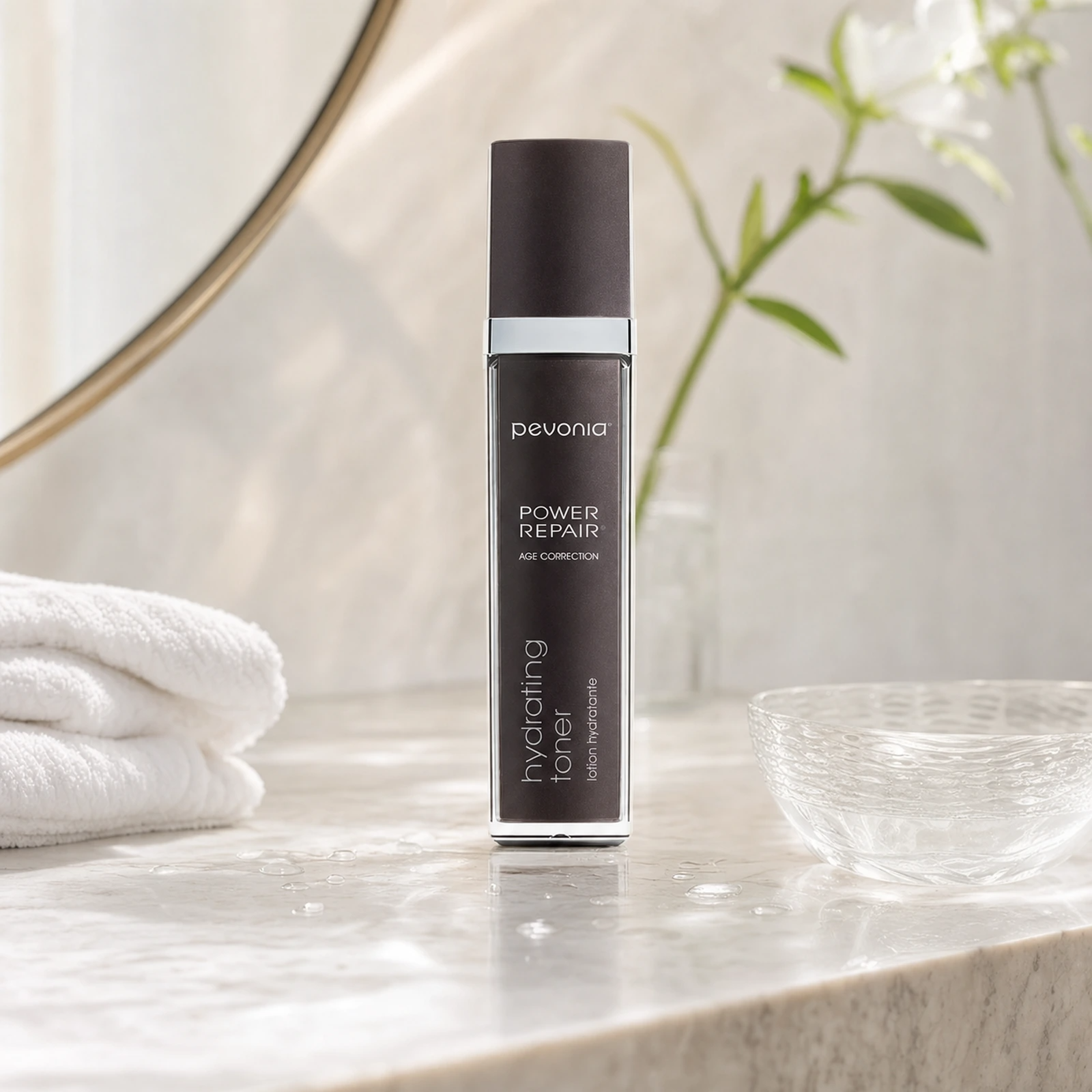 Pevonia Power Repair Hydrating Toner 120ml on a luxury bathroom vanity for dry, dehydrated and mature skin