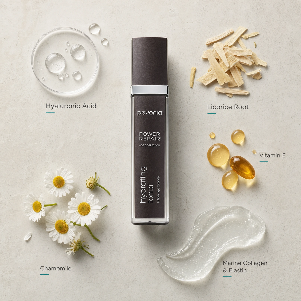 Pevonia Power Repair Hydrating Toner 120ml ingredient flatlay with Hyaluronic Acid, Licorice Root, Vitamin E, Chamomile and Marine Collagen and Elastin