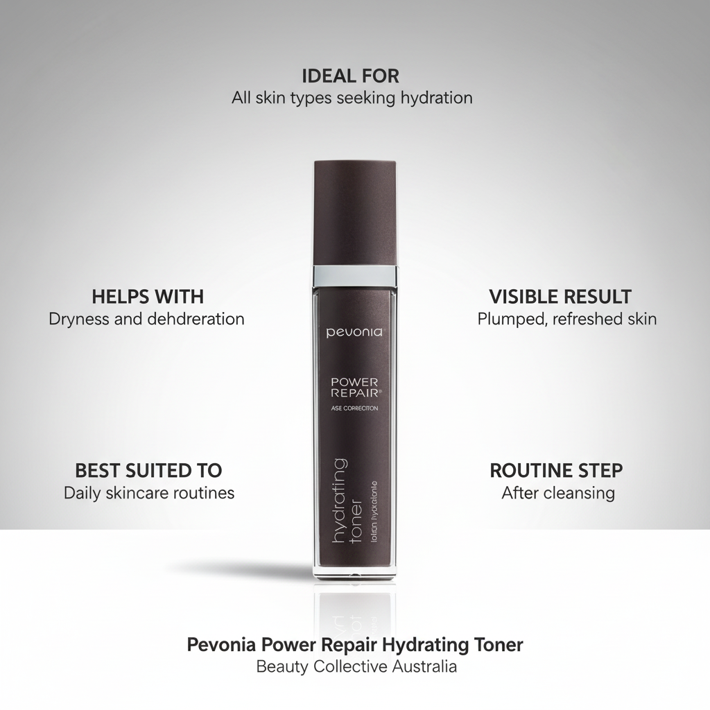 Pevonia Power Repair Hydrating Toner with product details on a gray background