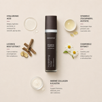 Minimal Pevonia Hydrating Toner ingredient flatlay featuring hyaluronic acid, licorice root extract, vitamin E, chamomile extract and marine collagen with elastin arranged with clean spacing around the toner bottle on a soft neutral background