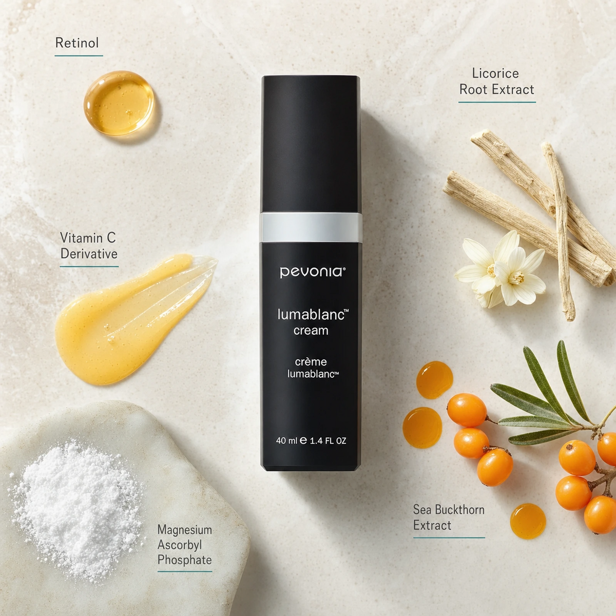 Pevonia Lumablanc Cream 40ml ingredient flatlay with Retinol, Vitamin C Derivative, Licorice Root Extract, Magnesium Ascorbyl Phosphate and Sea Buckthorn Extract