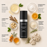 Pevonia Lumablanc Cream ingredient flatlay featuring retinol, tetrahexyldecyl ascorbate, licorice root extract, magnesium ascorbyl phosphate and sea buckthorn extract arranged around the skincare bottle on a soft neutral background