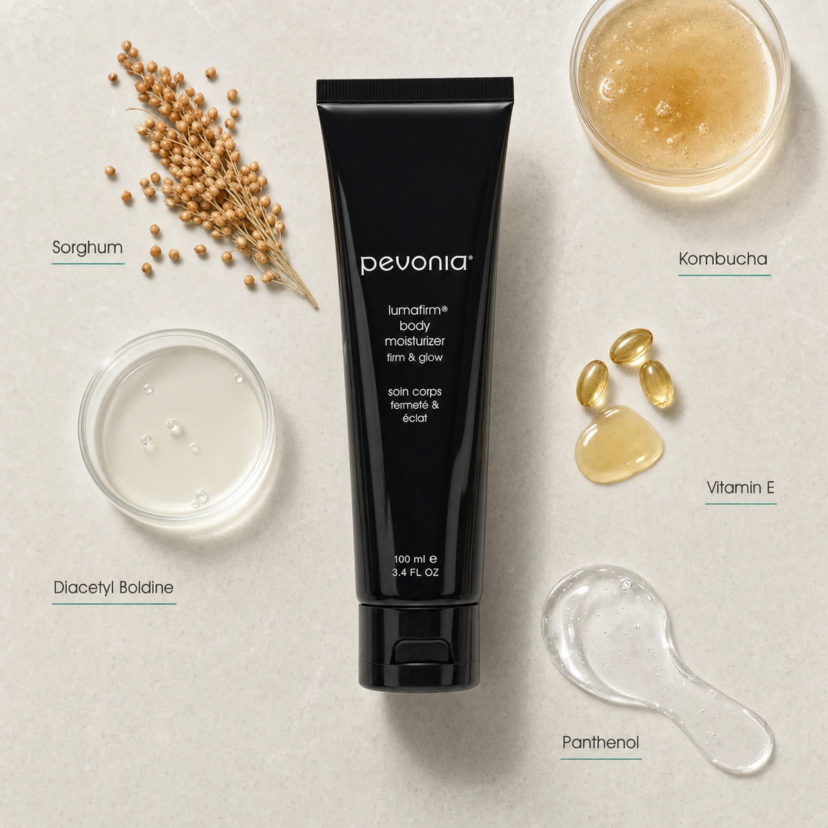 Pevonia Lumafirm Body Moisturizer 100ml ingredient flatlay with Sorghum, Diacetyl Boldine, Kombucha, Vitamin E and Panthenol