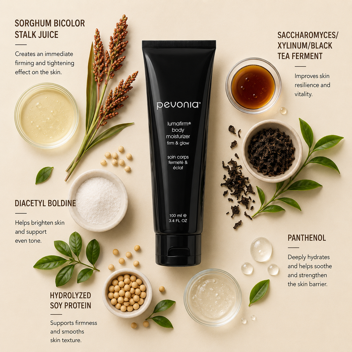 Pevonia Lumafirm Body Moisturizer ingredient flatlay featuring sorghum bicolor stalk juice, diacetyl boldine, black tea ferment, hydrolyzed soy protein and panthenol arranged around the body moisturizer tube on a soft neutral background