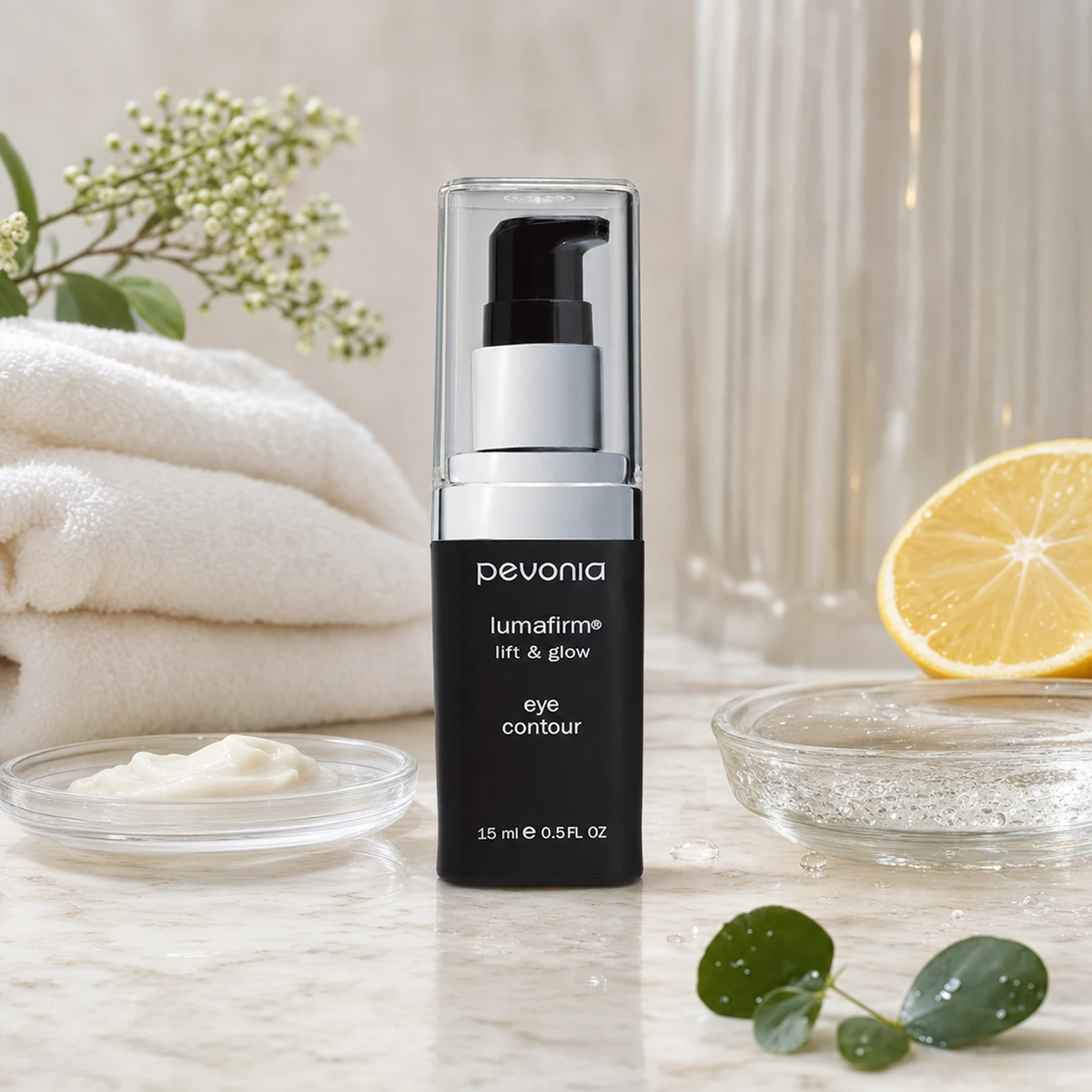 Pevonia Lumafirm Eye Contour Lift and Glow 15ml on a luxury bathroom vanity for dark circles, puffiness and fine lines