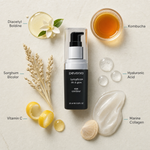 Pevonia Lumafirm Eye Contour Lift and Glow 15ml ingredient flatlay with Diacetyl Boldine, Kombucha, Sorghum Bicolor, Hyaluronic Acid, Vitamin C and Marine Collagen