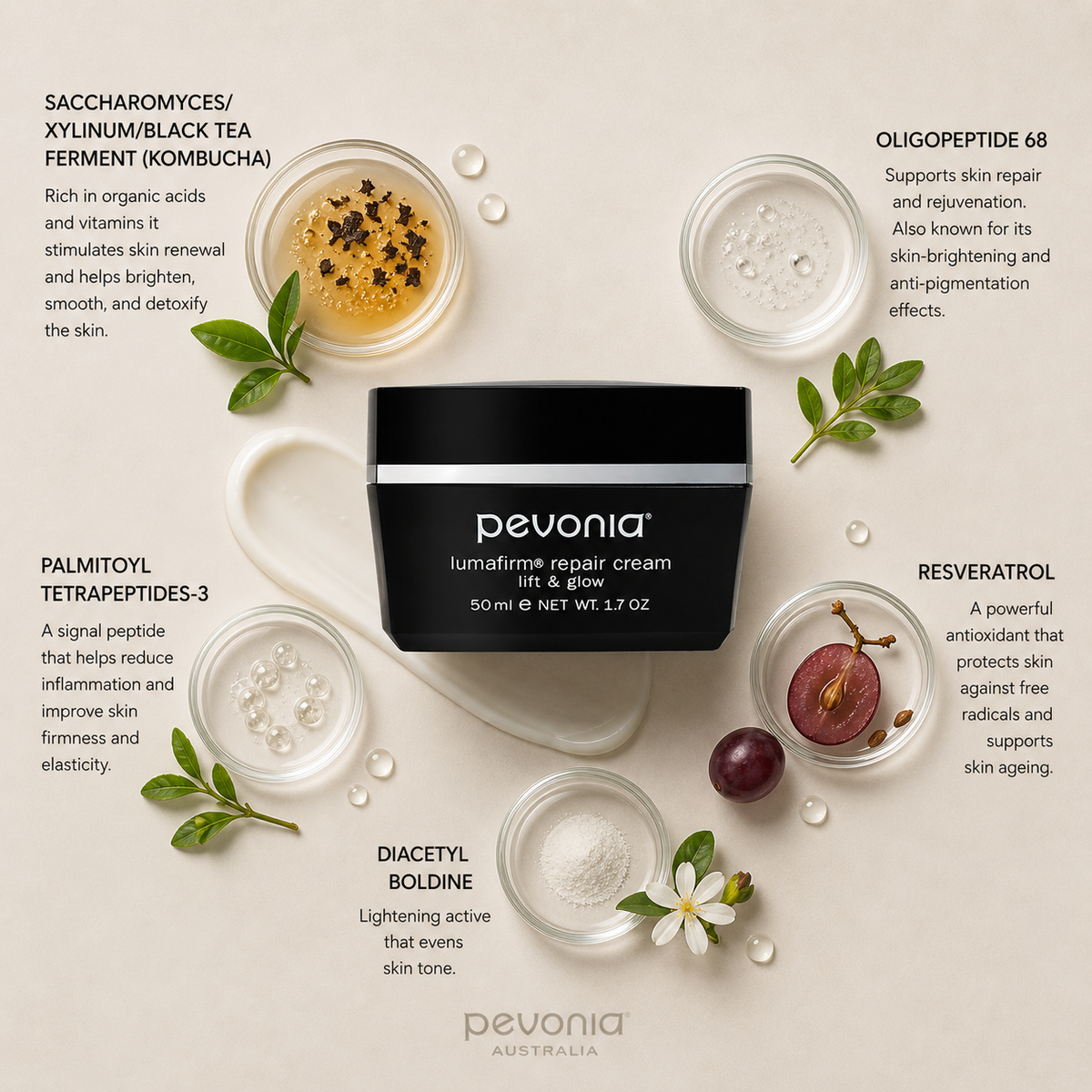 Pevonia Lumafirm Repair Cream Lift & Glow 50g ingredient flatlay showing kombucha black tea ferment, oligopeptide 68, palmitoyl tetrapeptides, resveratrol, and diacetyl boldine arranged around black cream jar on neutral background