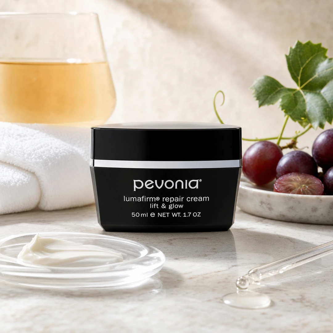 Pevonia Lumafirm Repair Cream Lift and Glow 50ml on a luxury bathroom vanity for ageing, dull and uneven skin