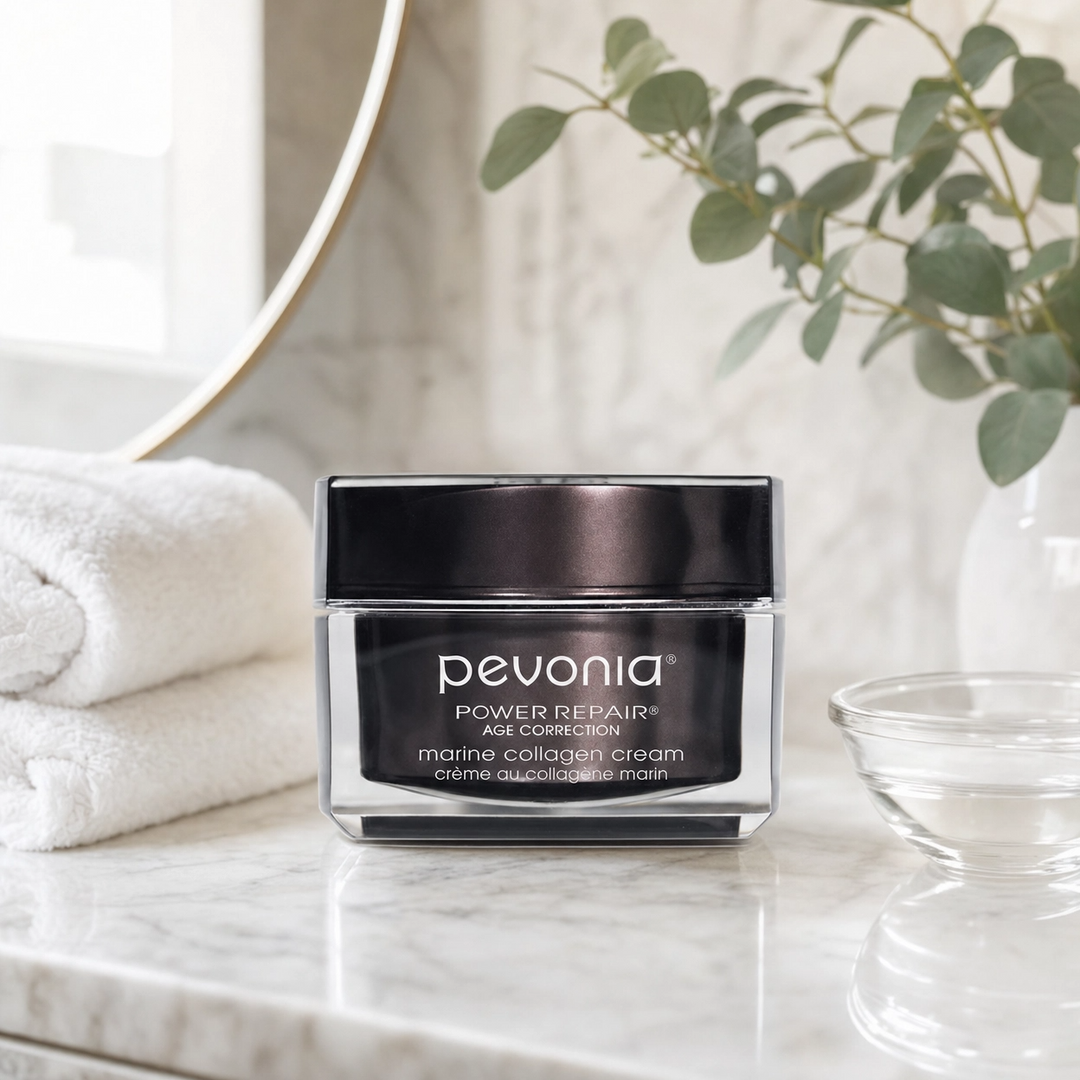 Pevonia Age Correction Marine Collagen Cream 50ml on a luxury bathroom vanity for mature, dry and dehydrated skin