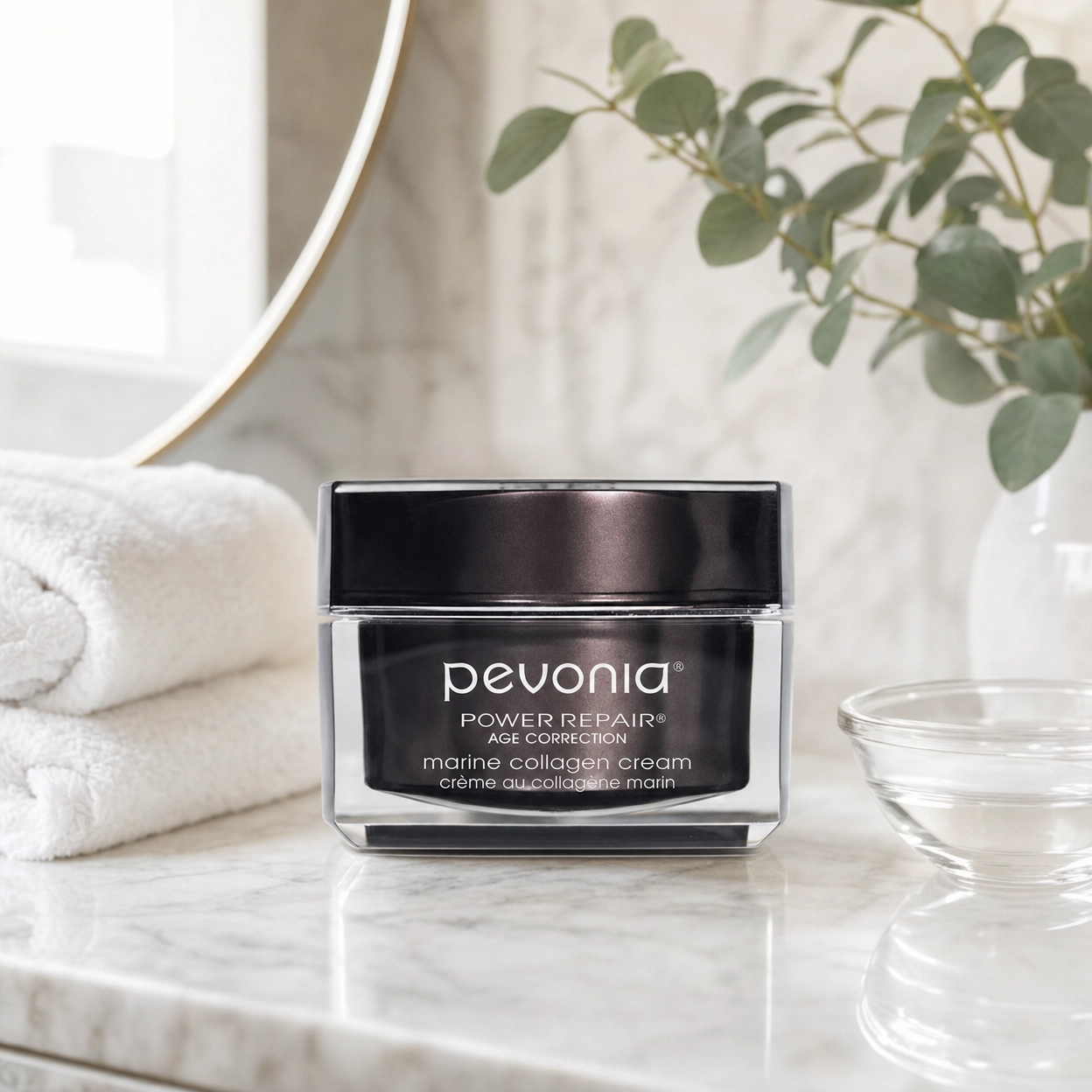 Pevonia Age Correction Marine Collagen Cream 50ml on a luxury bathroom vanity for mature, dry and dehydrated skin