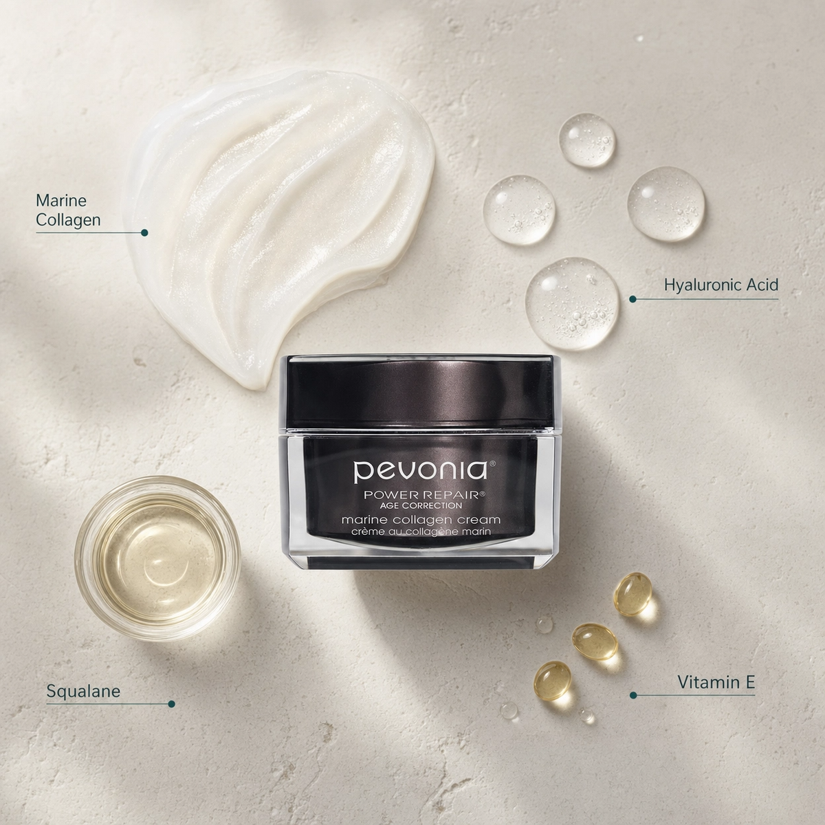 Pevonia Age Correction Marine Collagen Cream 50ml ingredient flatlay with Marine Collagen, Hyaluronic Acid, Squalane and Vitamin E