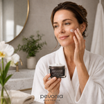 Woman applying Pevonia Marine Collagen Cream in bathroom skincare routine luxury anti ageing moisturiser Australia