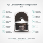 Pevonia Age Correction Marine Collagen Cream callout image showing key benefits including firming, hydration, smoothing fine lines, and antioxidant protection with marine collagen, hyaluronic acid, squalane and vitamin E