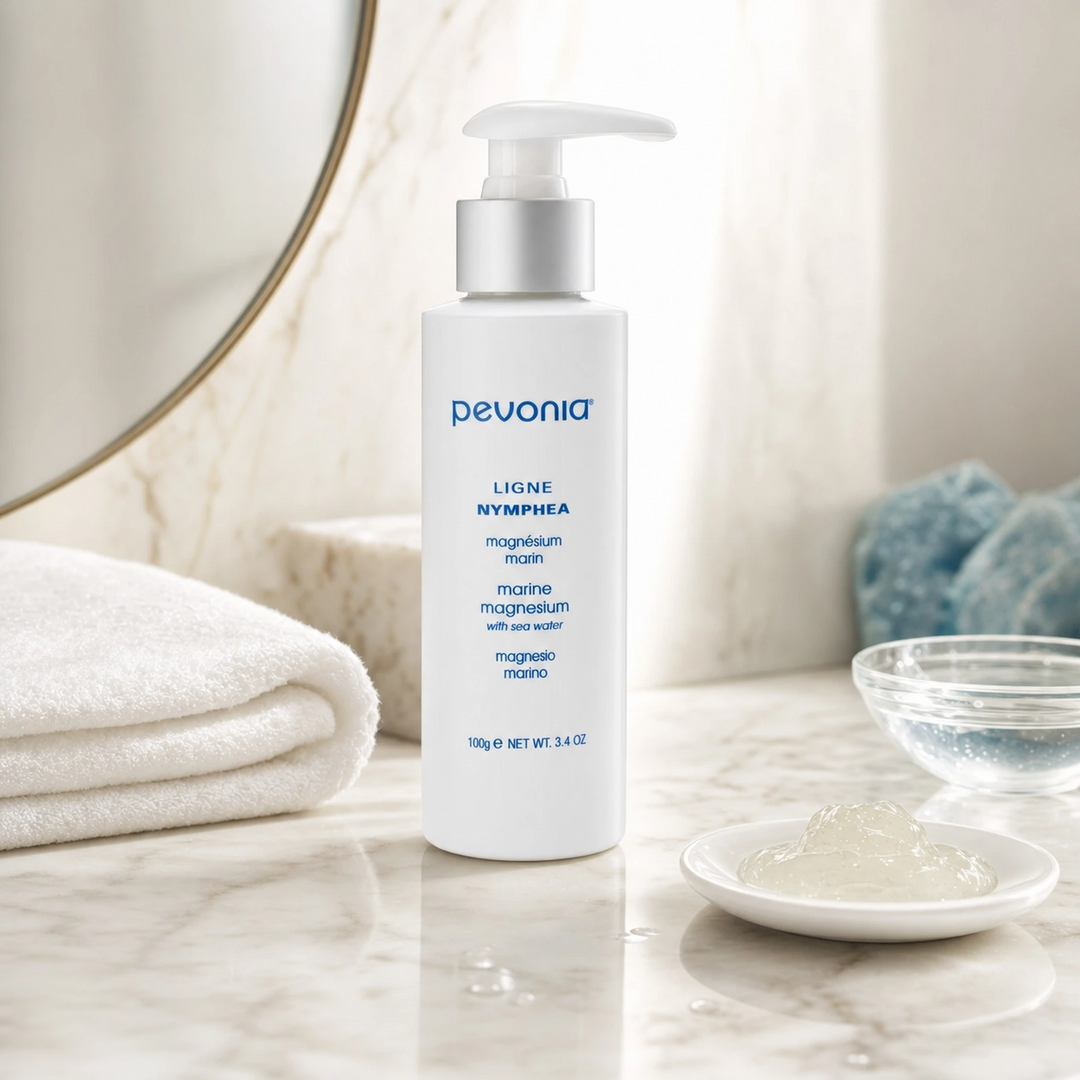 Pevonia Marine Magnesium 100ml on a luxury bathroom vanity for muscle tension, cramps and body relaxation