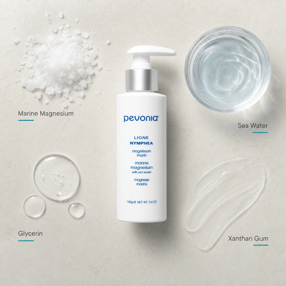 Pevonia Marine Magnesium 100ml ingredient flatlay with Marine Magnesium, Sea Water, Glycerin and Xanthan Gum