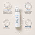 Pevonia Marine Magnesium with sea water ingredient flatlay showing marine magnesium, sea water, glycerin, and xanthan gum around pump bottle on neutral background