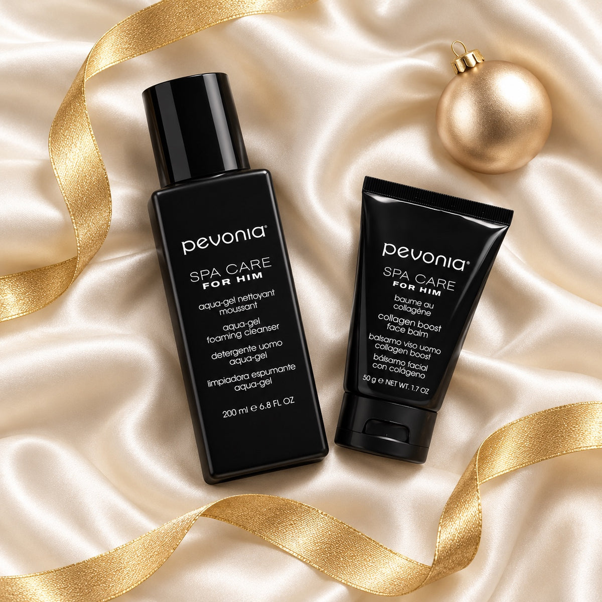 Pevonia Men's Gift Pack arranged in a festive flatlay. File: pevonia-mens-gift-pack-christmas-flatlay-2026.jpg